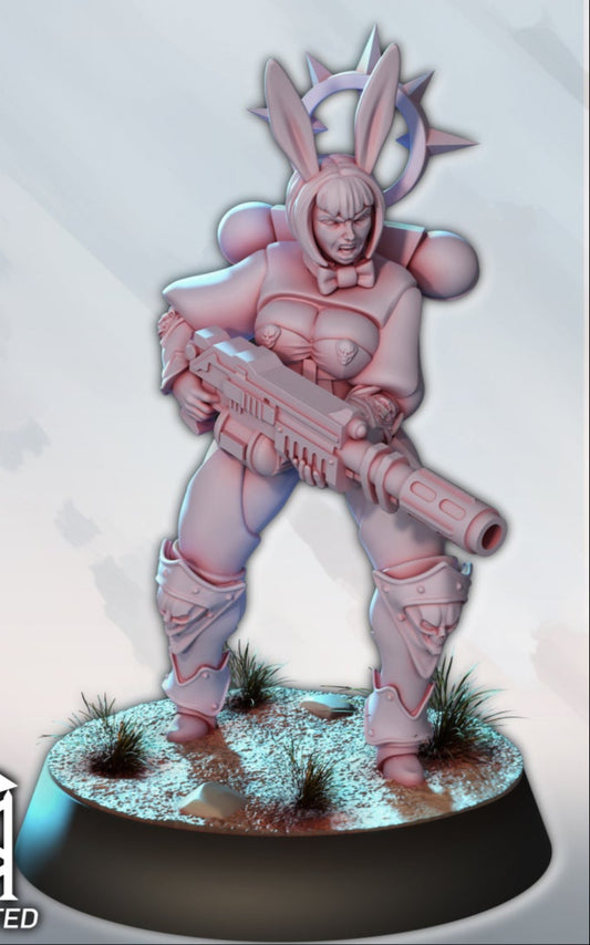 Bunny Squad miniature armed with sci-fi rifle, armored suit, and bunny ear helmet – Warhammer 40K compatible.