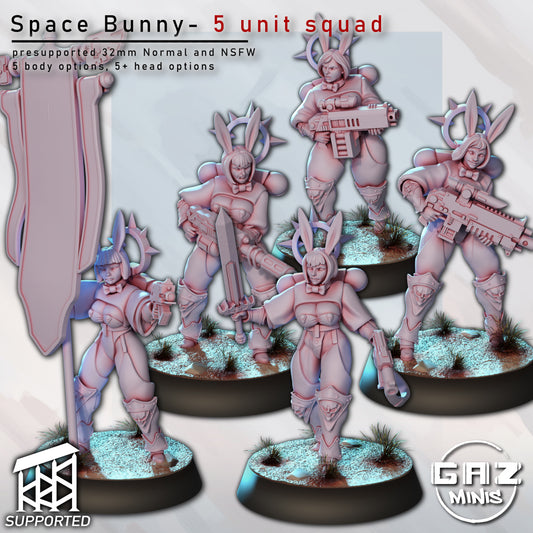 Group shot of Bunny Squad miniatures, five armored female warriors with bunny ear helms wielding rifles, pistols, banners, and swords – customizable sci-fi TTRPG unit.