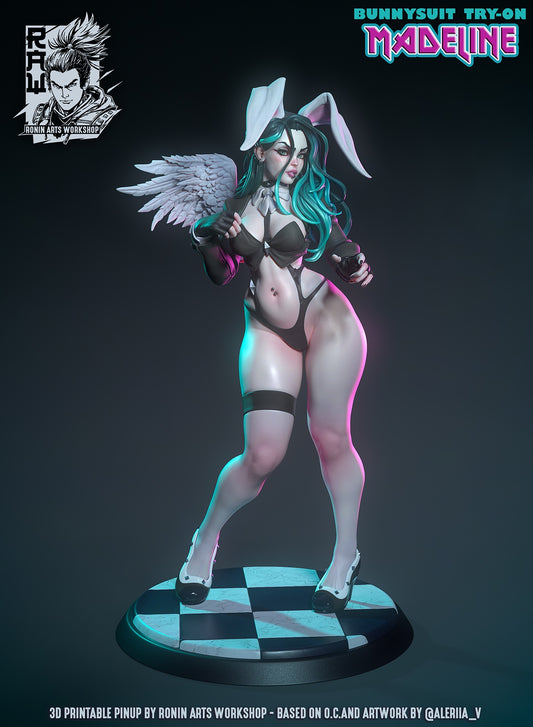 Painted Madeline pinup figure wearing a bunny suit with angel wings, posed on a checkered base.