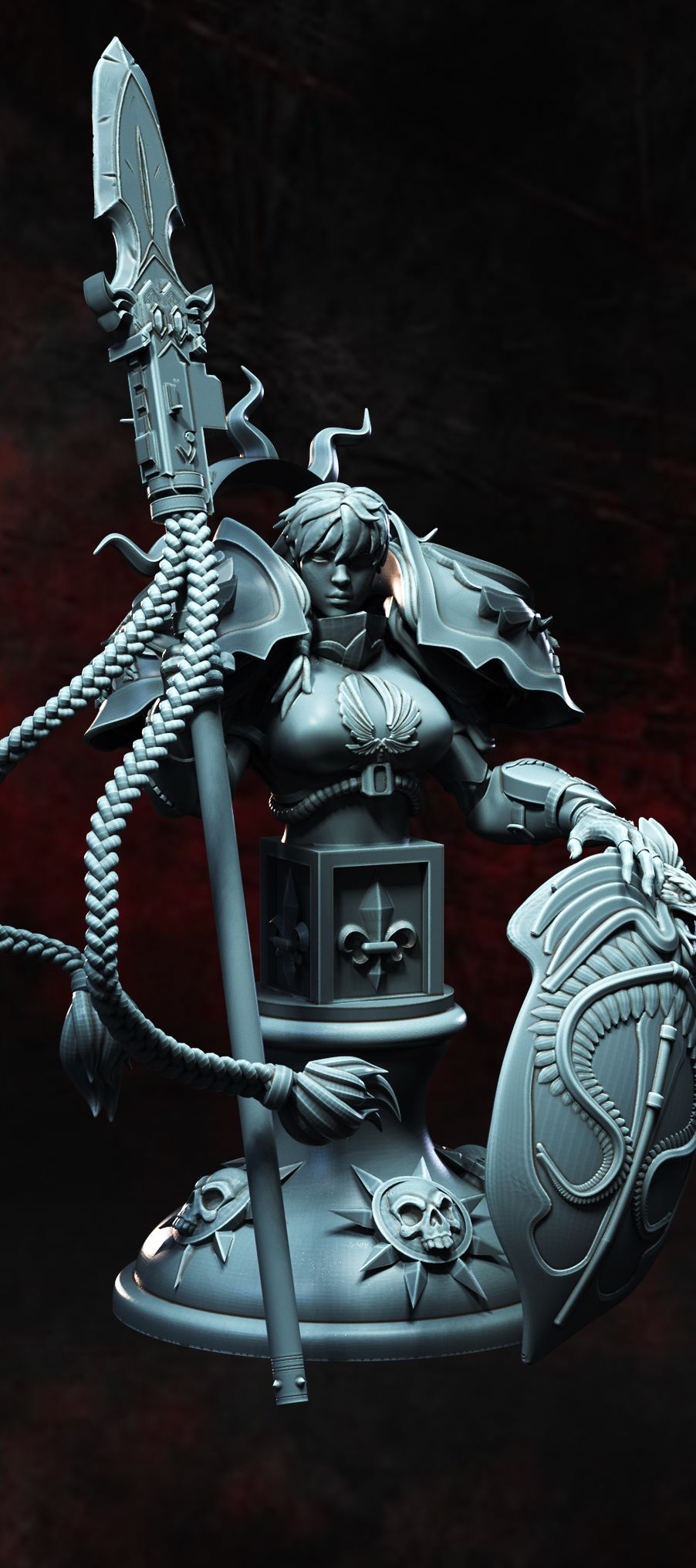 Agnes the Blade of the Emperor bust, showcasing detailed armor, the fierce expression, and the spear and shield, capturing the essence of the character for dark fantasy and sci-fi tabletop RPGs.