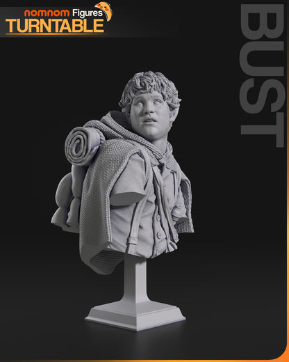 Samwise Gamgee bust collectible featuring detailed textures on clothing and cloak with rolled pack and rope on back.