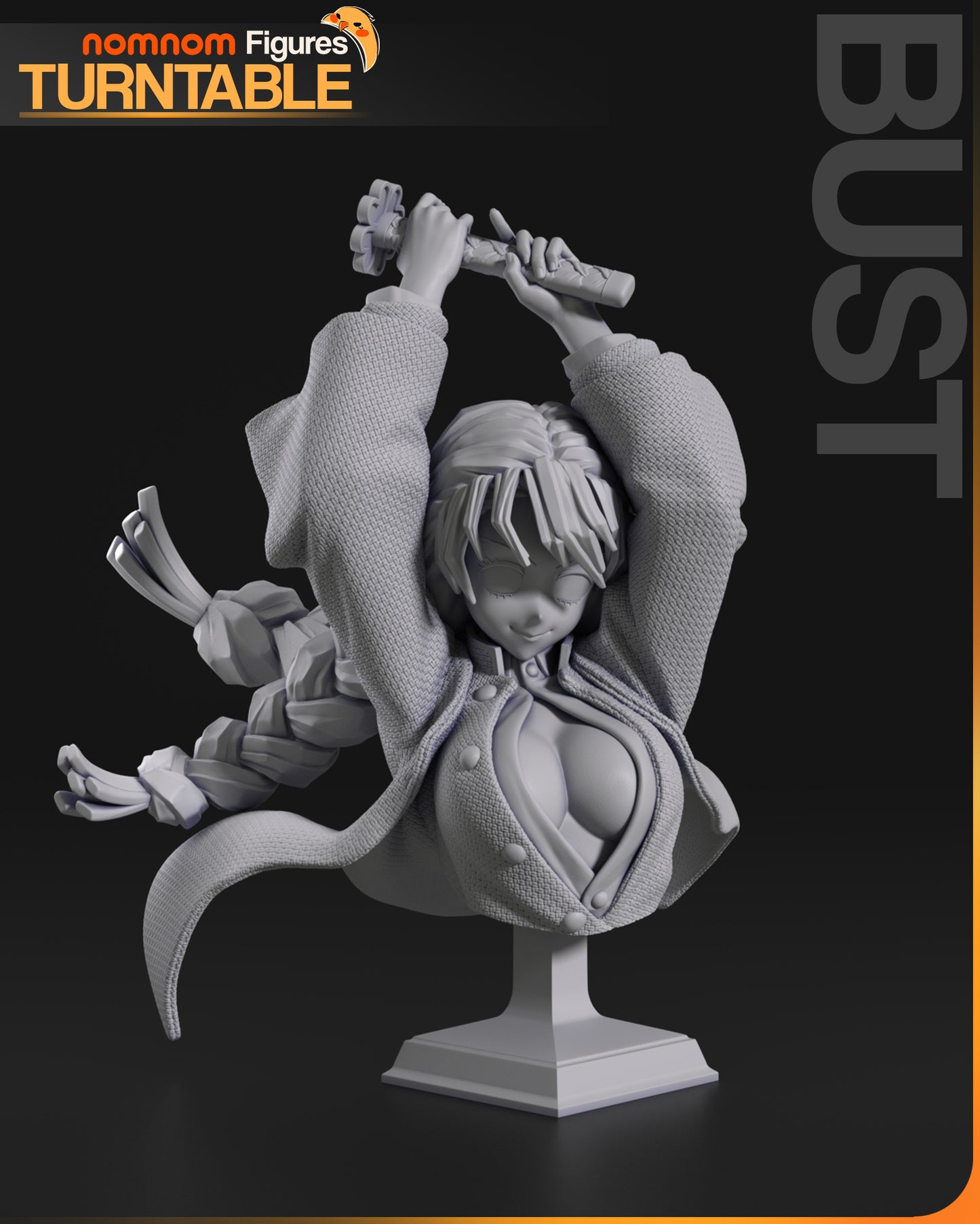 Mitsuri Kanroji Demon Slayer bust showing upper torso with raised arms, braided hair, detailed haori texture, and pedestal base