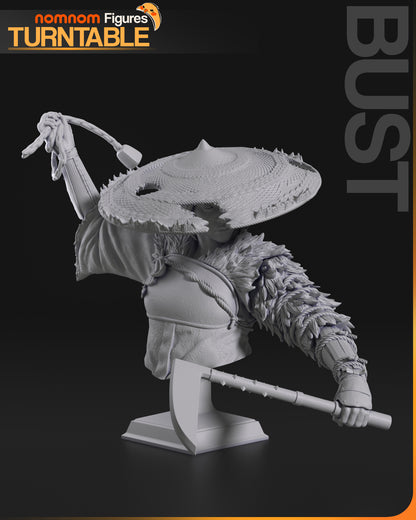 Atsu Ghost of Yotei bust statue by NomNom Figures – detailed warrior with straw hat and spiked weapon 1:10 scale bust