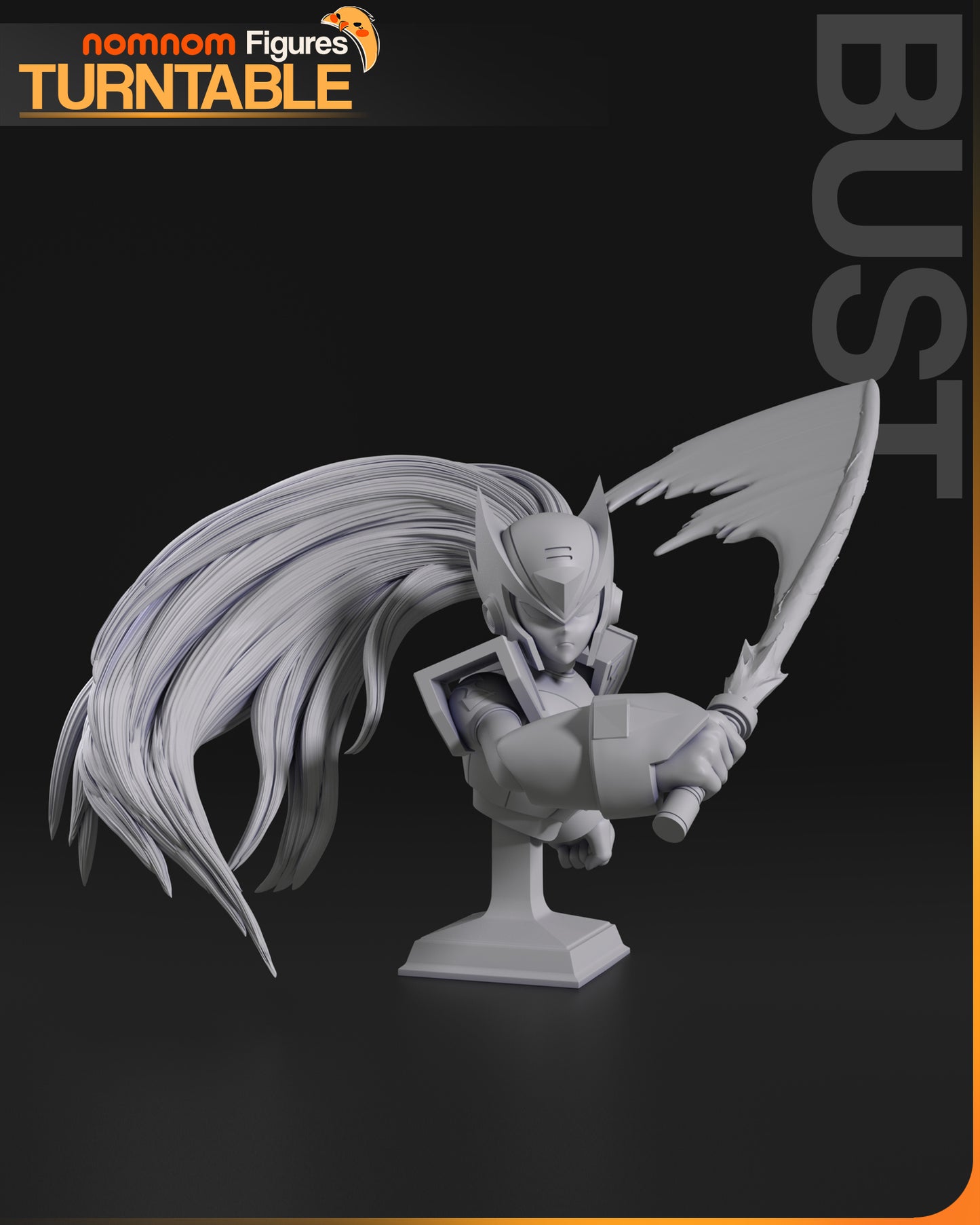 Bust model of Zero from Mega Man, focusing on his detailed helmet, long hair, and energy sword handle.