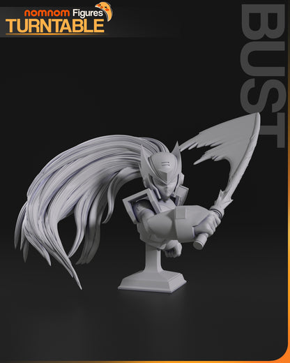 Bust model of Zero from Mega Man, focusing on his detailed helmet, long hair, and energy sword handle.