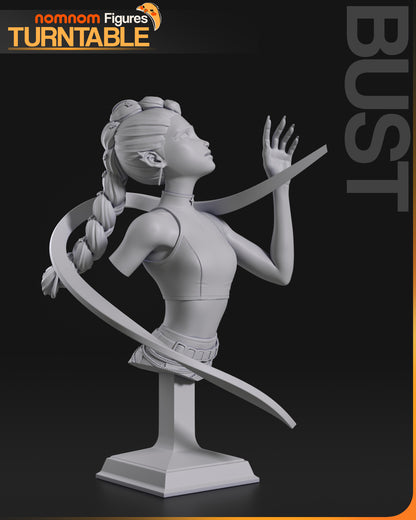 Rumi bust collectible statue with braided hair, cropped top, and swirling energy effect – K-Pop Demon Hunters bust.