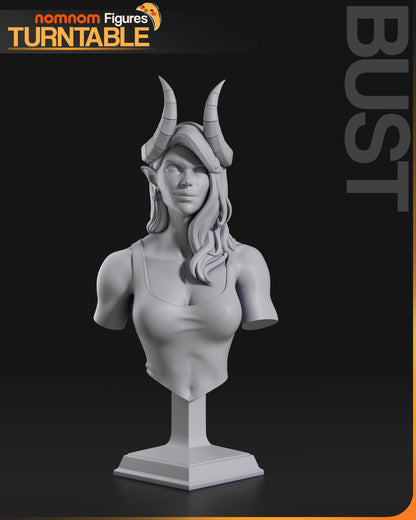 Malevola Dispatch demon woman bust, horned female demon portrait, long hair and sleeveless top, fantasy character bust for painting and display