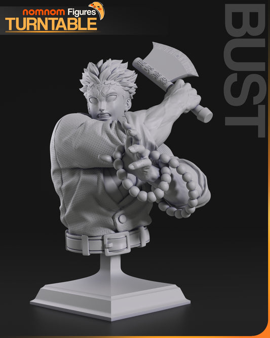 Gyomei bust figure from Demon Slayer Kimetsu no Yaiba, detailed with axe raised and beads across arm