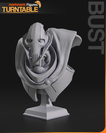 Bust of General Grievous featuring robotic face, textured cloak, and collar armor displayed on a sculpted stand.