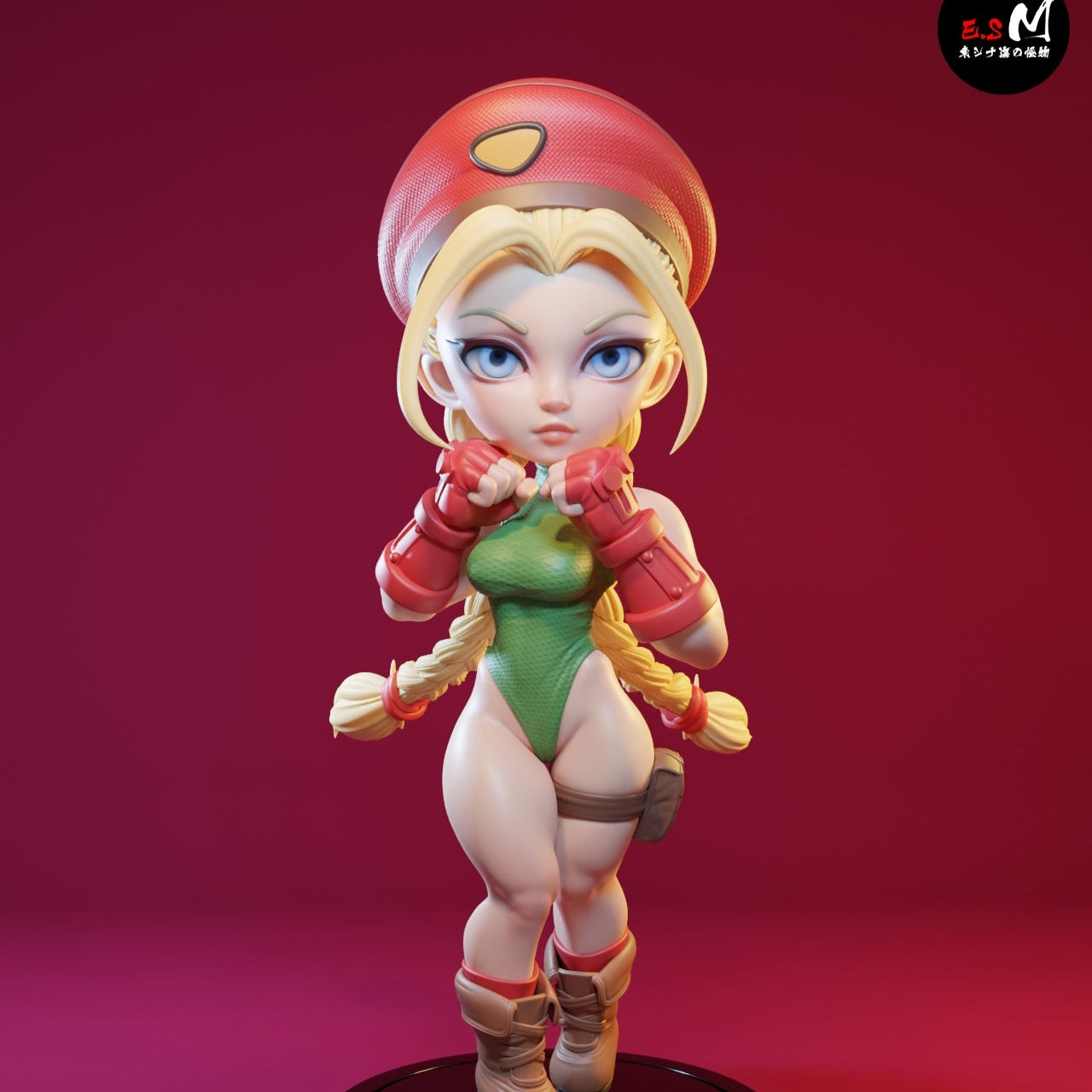 Fully colored render of Chibi Cammy figure in fighting stance with fists raised, wearing beret, leotard, and boots on a round base.