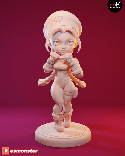 Unpainted render of Chibi Cammy in fighting stance, showing sculpted details and form-ready for painting.