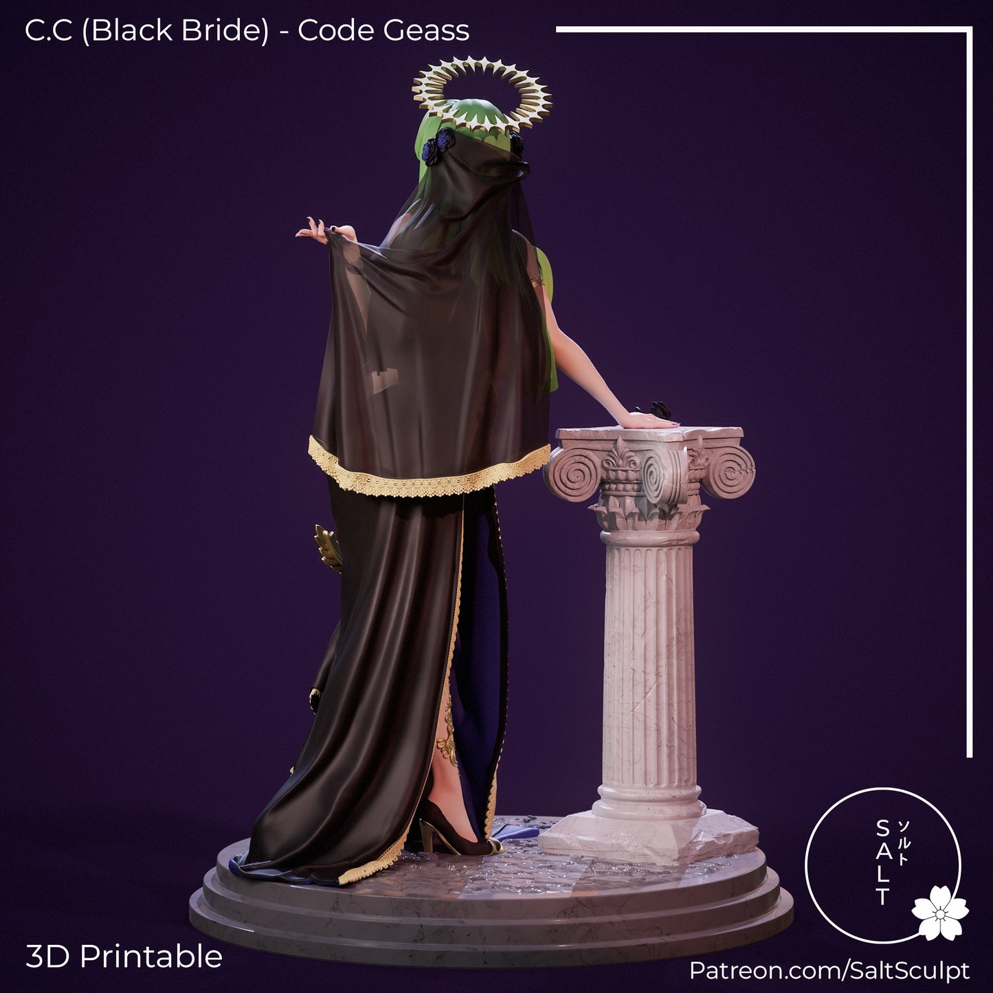 C.C. Black Bride Code Geass 1:7 scale collectible figure rear view highlighting long draped veil, layered gown folds, halo crown, elegant stance, and detailed column prop on round display base