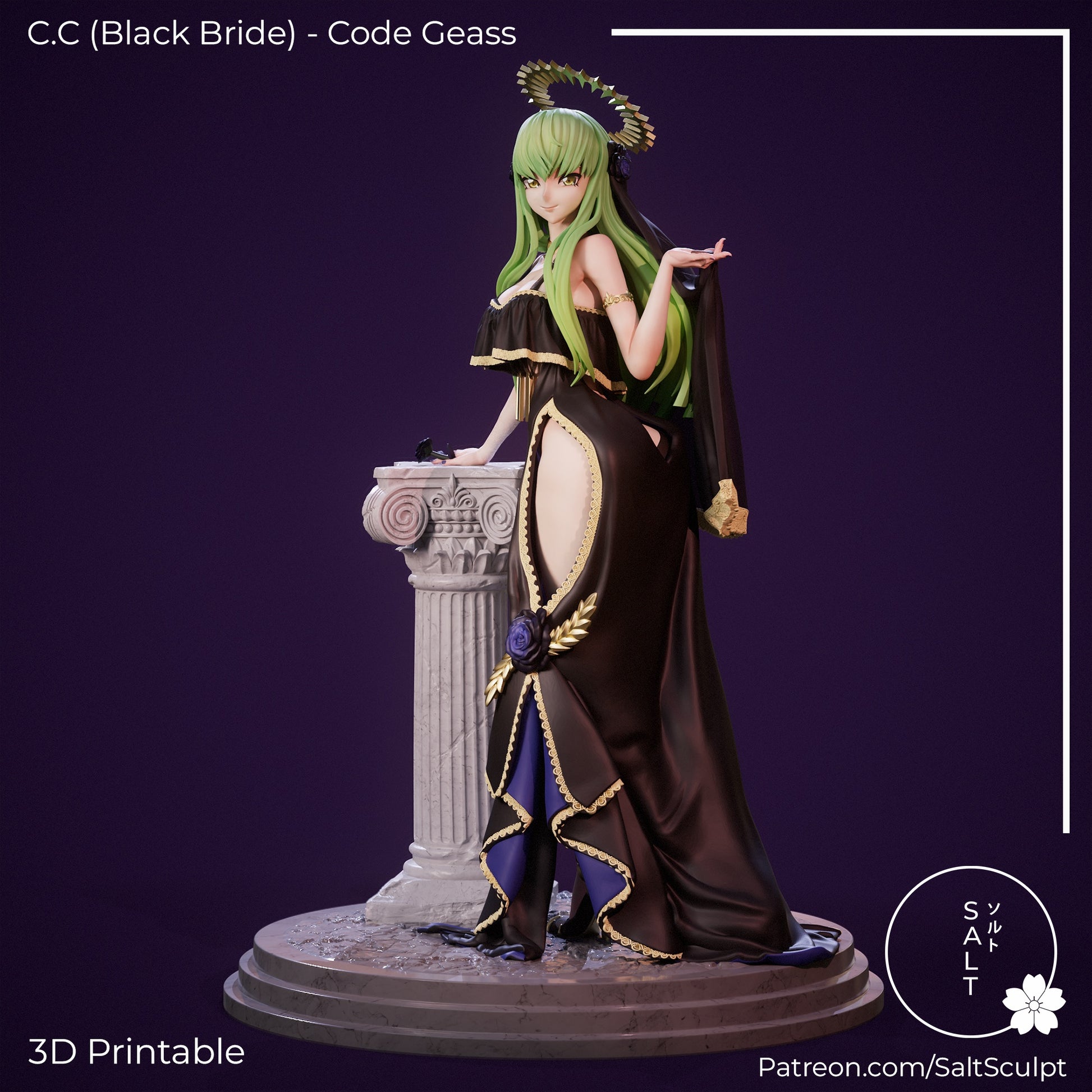 C.C. Black Bride Code Geass 1:7 scale collectible figure front view featuring standing pose, flowing bridal dress with high slit, halo headpiece, long hair, outstretched hand gesture, and classical column display base