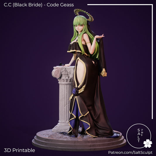 C.C. Black Bride Code Geass 1:7 scale collectible figure front view featuring standing pose, flowing bridal dress with high slit, halo headpiece, long hair, outstretched hand gesture, and classical column display base