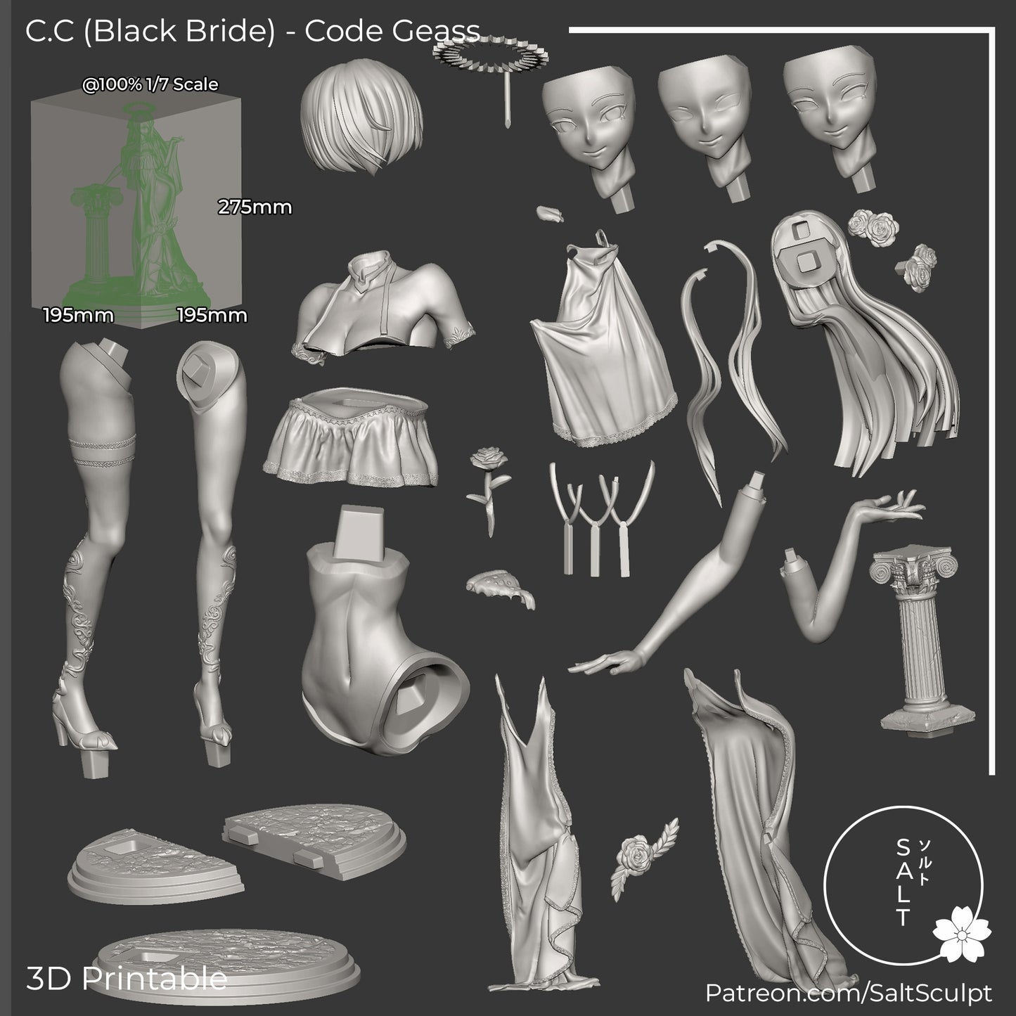 C.C. Black Bride Code Geass 1:7 scale collectible figure parts layout showing modular body pieces, multiple face sculpts, hair sections, dress components, arms, hands, column prop, base segments, and halo accessory for display assembly