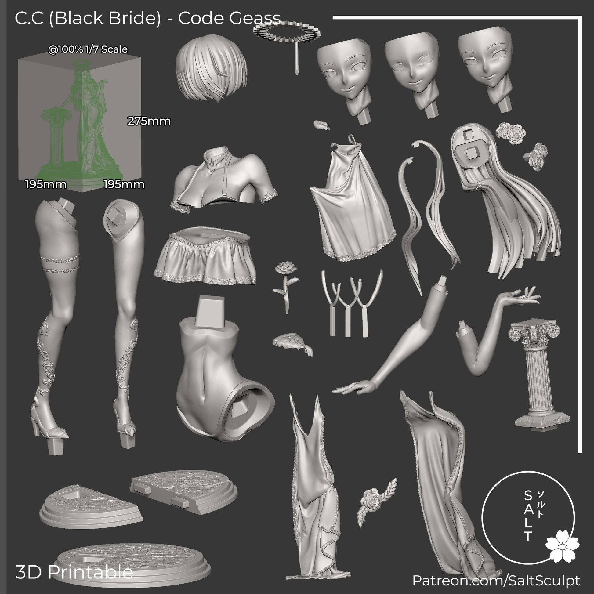 C.C. Black Bride Code Geass 1:7 scale collectible figure parts layout showing modular body pieces, multiple face sculpts, hair sections, dress components, arms, hands, column prop, base segments, and halo accessory for display assembly