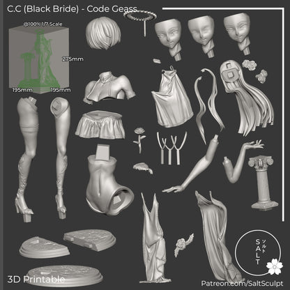 C.C. Black Bride Code Geass 1:7 scale collectible figure parts layout showing modular body pieces, multiple face sculpts, hair sections, dress components, arms, hands, column prop, base segments, and halo accessory for display assembly