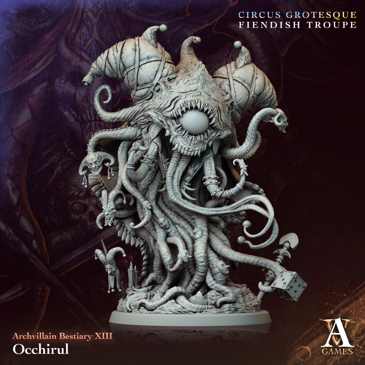 Occhirul miniature, a beholder-like creature with a central eye, gaping maw, and numerous eyestalks ending in twisted jester heads, draped in cloth with eerie ornaments and a sinister stance.