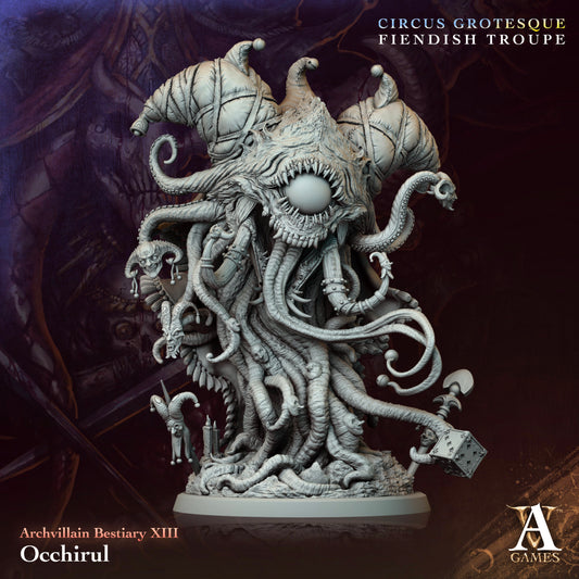 Occhirul miniature, a beholder-like creature with a central eye, gaping maw, and numerous eyestalks ending in twisted jester heads, draped in cloth with eerie ornaments and a sinister stance.