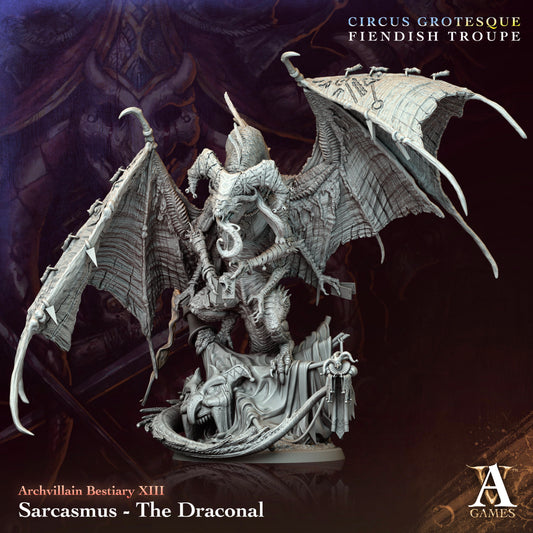 Sarcasmus, The Draconal miniature, a dragon-like demon with large wings, detailed scales, armor, and a sinister stance on a rocky base with twisted relics.