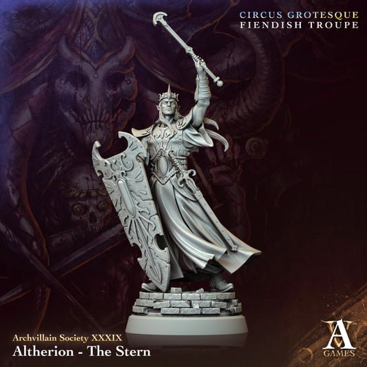 Altherion, The Stern, elf paladin miniature with a large ornate shield and raised mace, standing on a stone base, dressed in full armor with a determined expression.