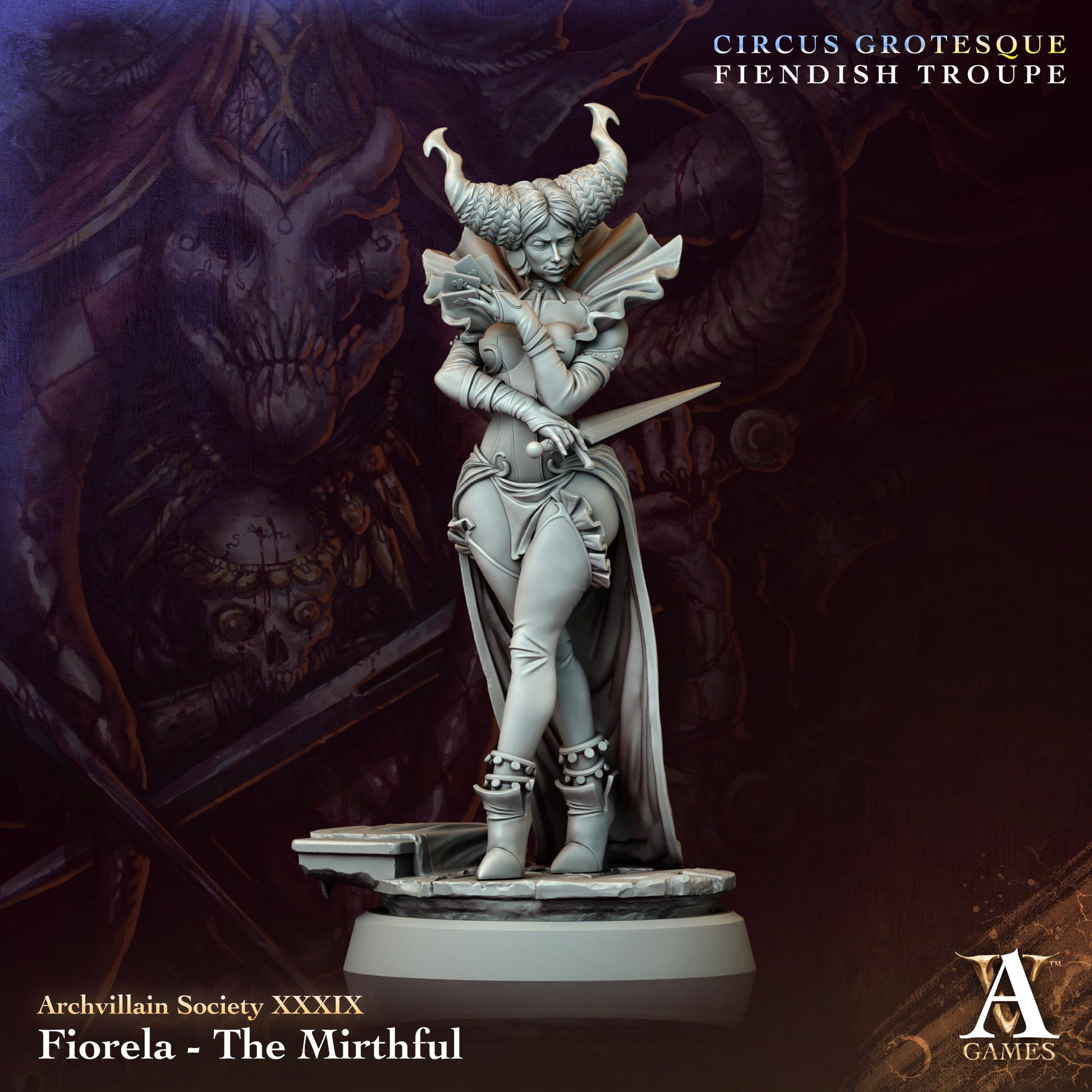 Fiorela, The Mirthful, tiefling rogue miniature with curled horns, wearing intricate clothing and holding a dagger, posed confidently on a stone base.