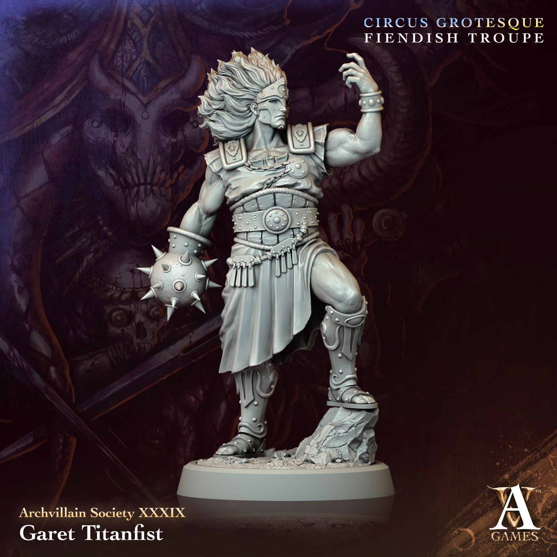 Garet Titanfist, male warrior miniature, standing on a rock with a spiked gauntlet and dynamic armor, posed in a battle-ready stance.