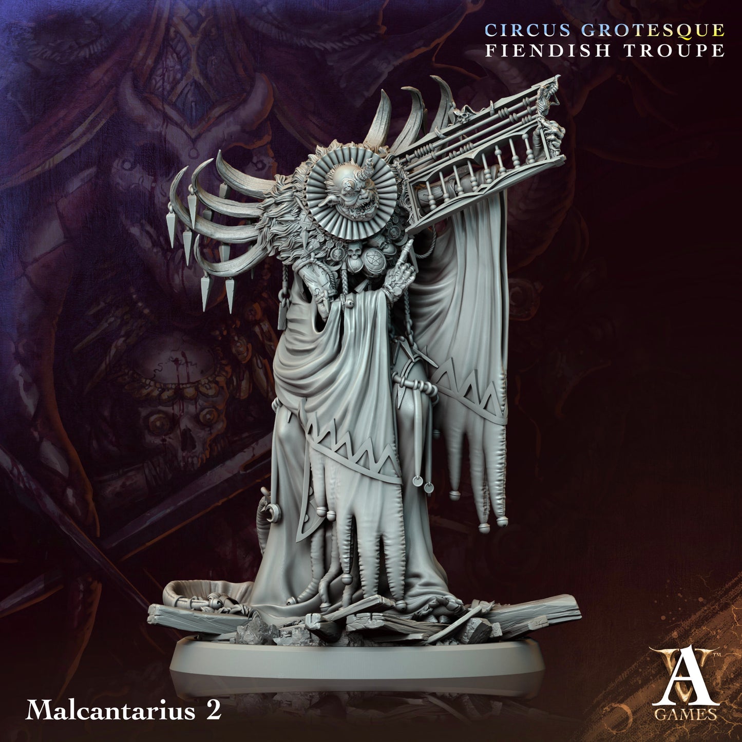 Malcantarius, featuring a ribcage-like backpiece and a ruff, perfect for embodying a sinister harbinger of doom in dark tabletop settings.