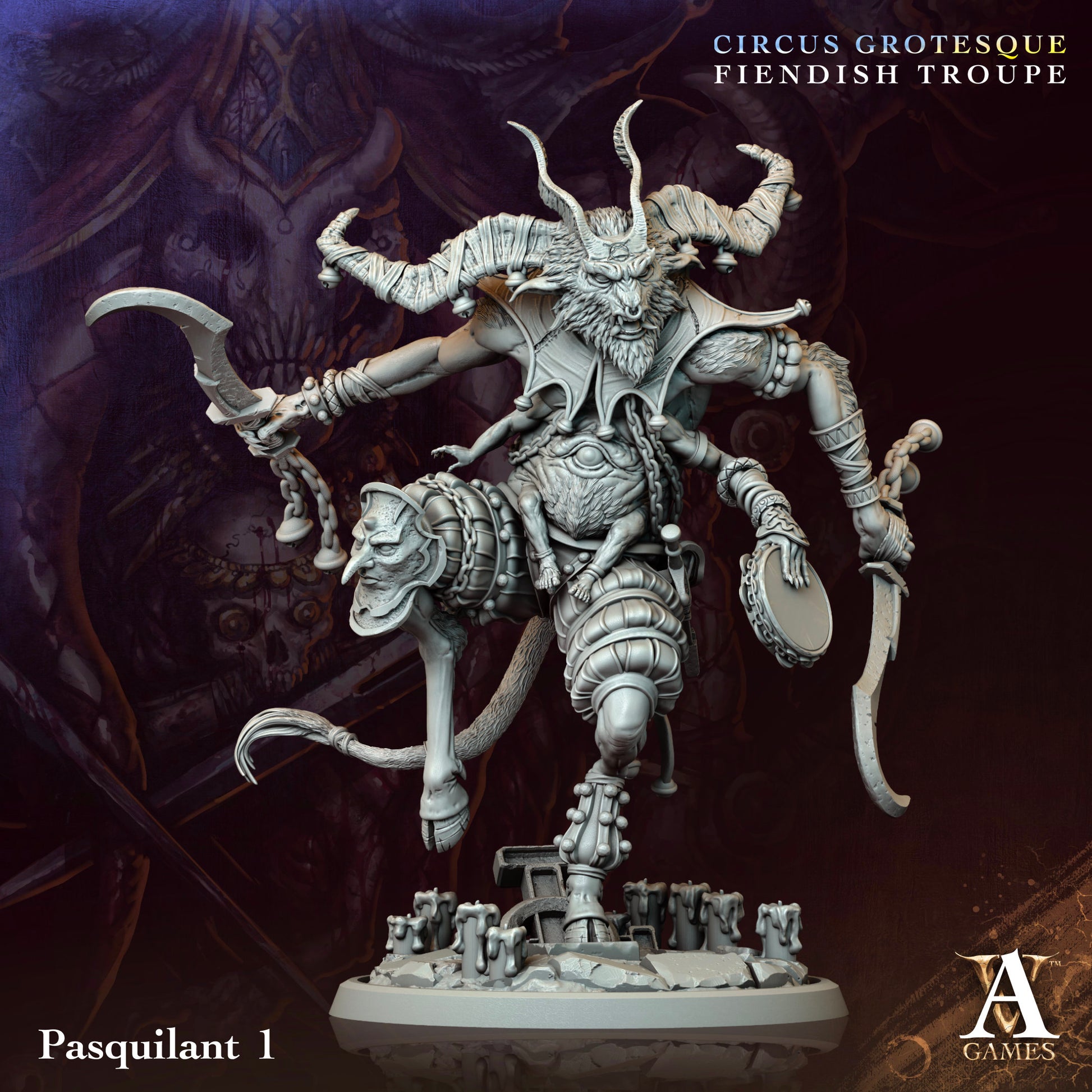 A demonic jester with twisted horns, armed with a curved daggers and holding a tambourine, stands on a spiked base adorned with demonic faces, ready to entertain with malevolent tricks.