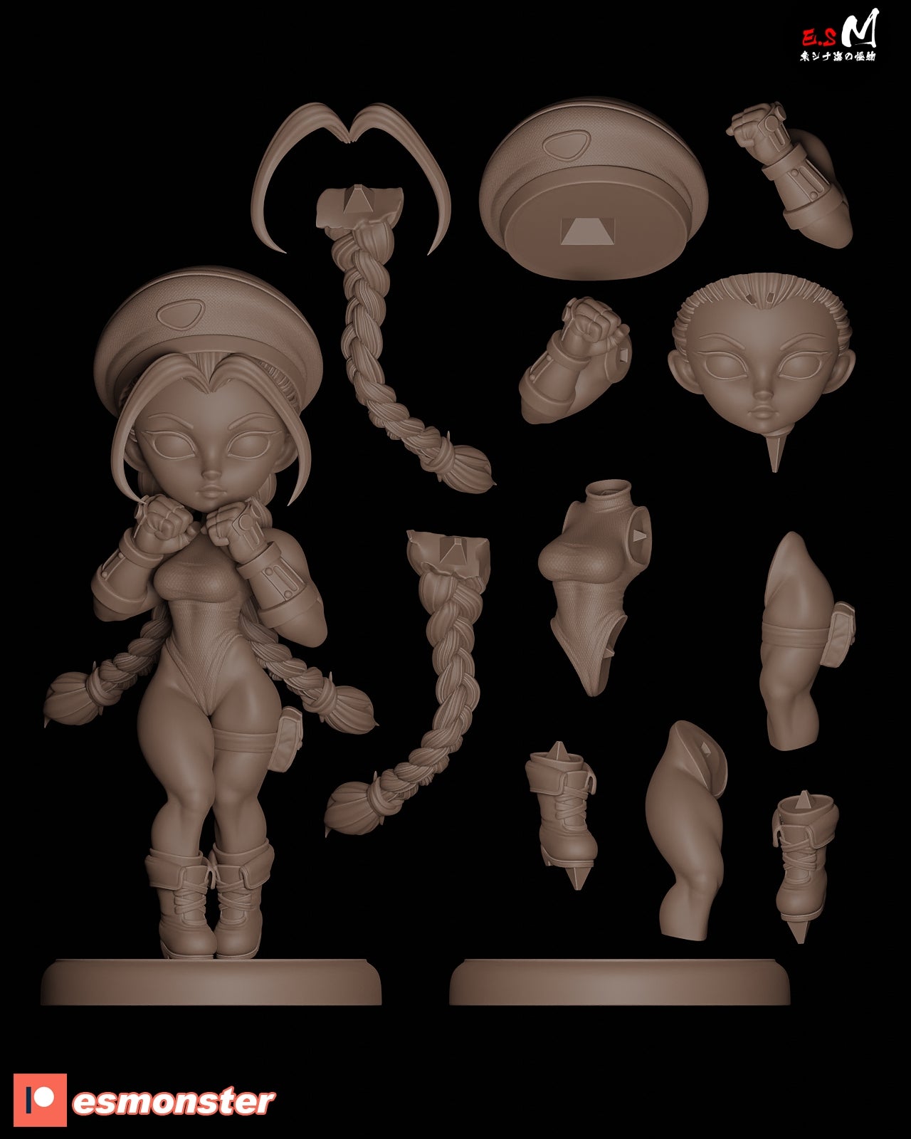 Modular part breakdown of Chibi Cammy figure showing separated braids, head, limbs, torso, and accessories laid out for assembly.