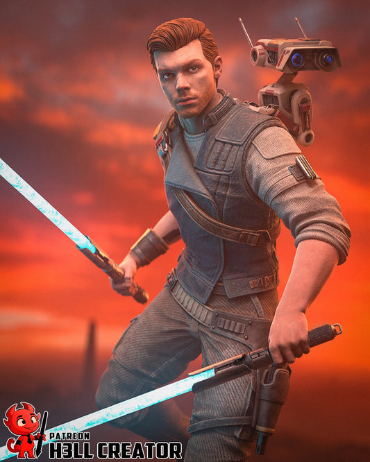 Cal Kestis 1:8 scale collectible figure posed with dual blue lightsabers ignited, BD-1 droid on his back, standing against a red sky background.