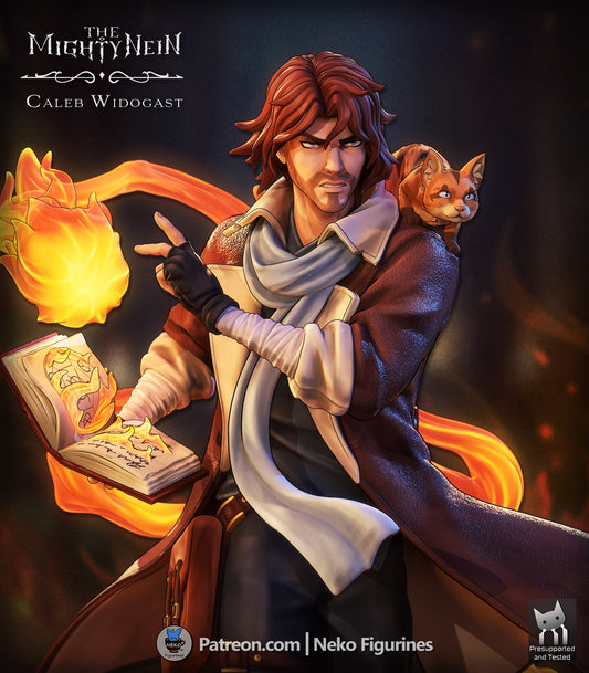 Caleb Widogast human wizard statue holding spellbook and conjured fire spell, Frumpkin familiar on shoulder, detailed facial sculpt, Mighty Nein 1:7 scale collectible figure.