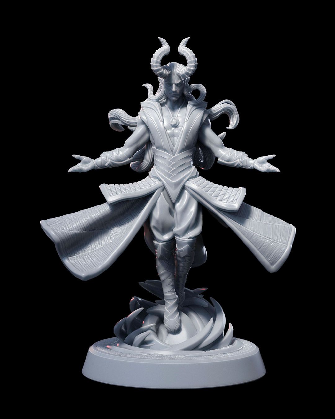 A male Tiefling wizard miniature with large curved horns and long flowing hair, levitating with arms extended. The character is clad in intricately detailed robes, standing on a swirling magical base, depicting a powerful spellcaster ready for battle.