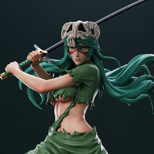 Close-up of Nelliel Bleach statue highlighting her fierce expression, hollow skull helmet, and tattered costume details.