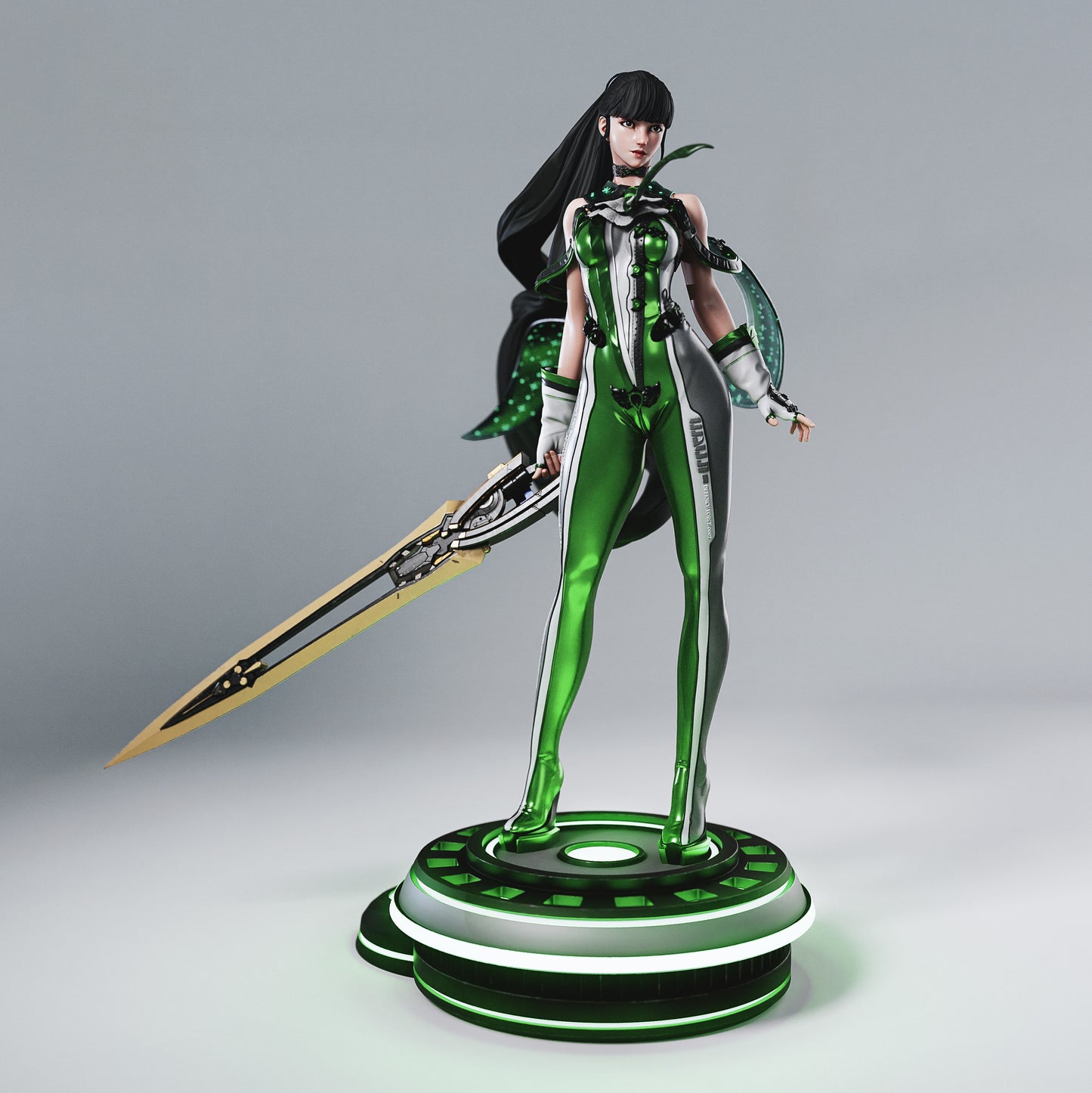 Eve Stellar Blade 1:6 scale figure front view holding dual-edged sword, sleek green combat suit.