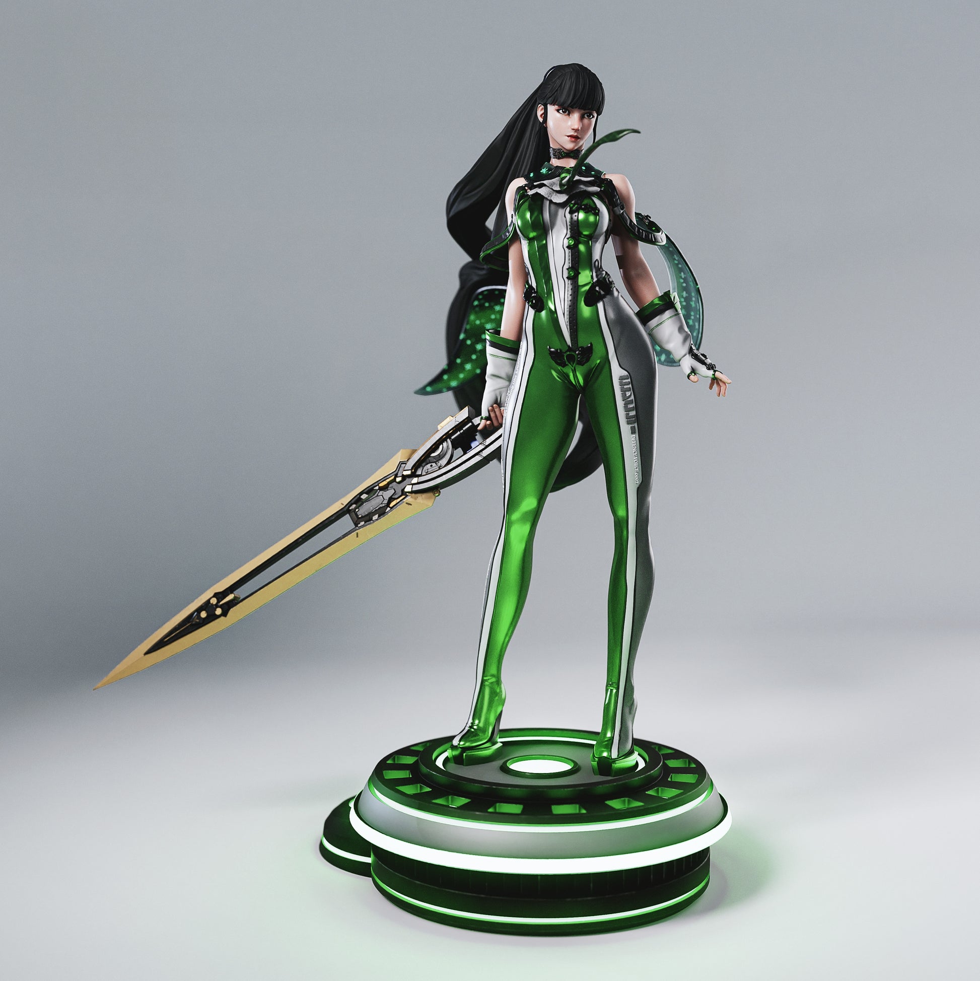 Eve Stellar Blade 1:6 scale figure front view holding dual-edged sword, sleek green combat suit.