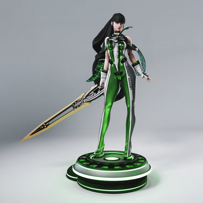 Eve Stellar Blade 1:6 scale figure front view holding dual-edged sword, sleek green combat suit.