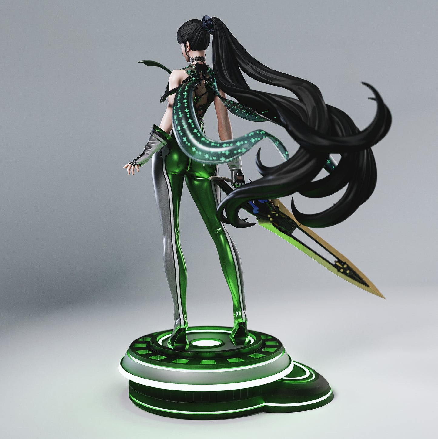 Eve Stellar Blade figurine back view highlighting sword details, suit texture, and long ponytail.