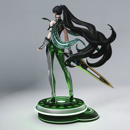 Eve Stellar Blade figurine back view highlighting sword details, suit texture, and long ponytail.