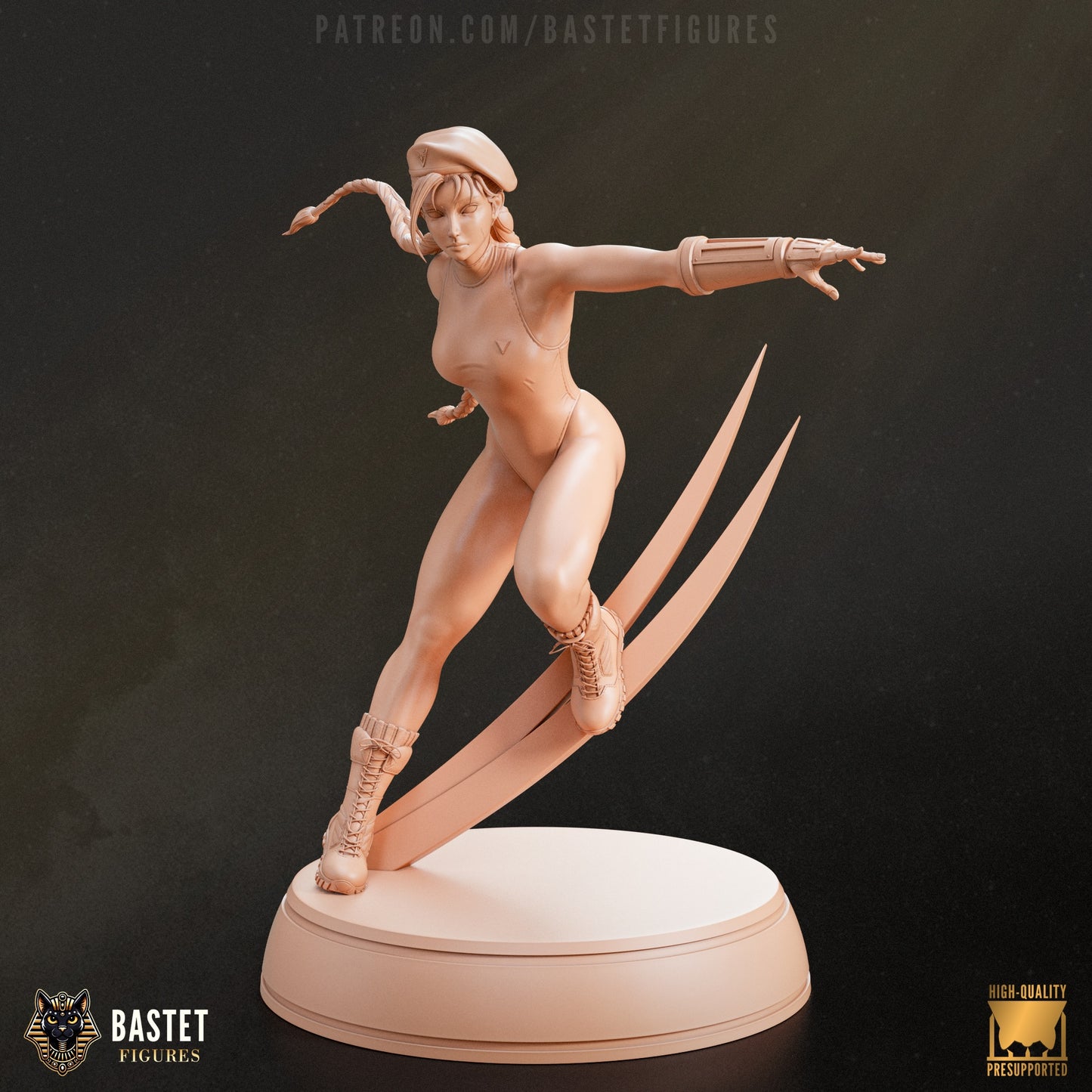 Cammy figure lunging forward mid-kick, arm extended with beret and pigtail flying, standing on slash arc base.

