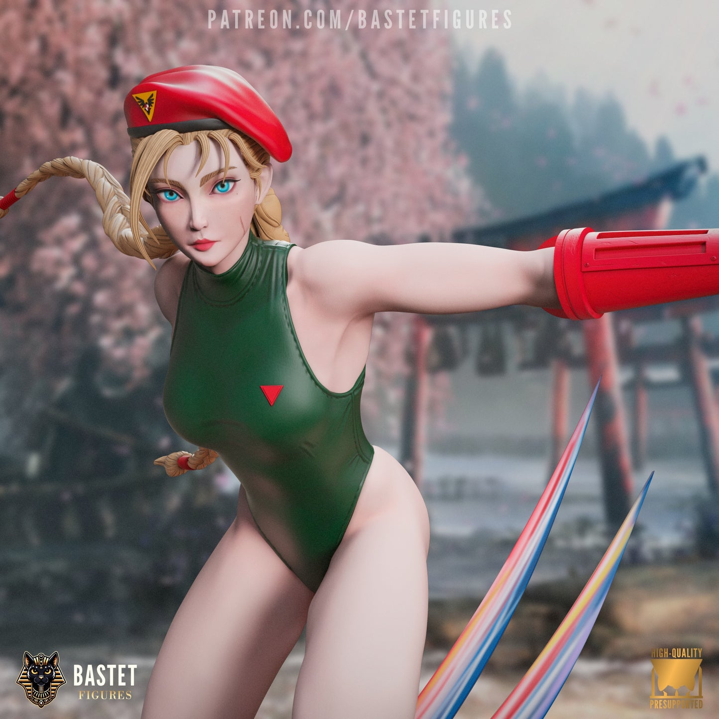 Painted close-up of Cammy's face and torso with braids, beret, and striking motion effect.