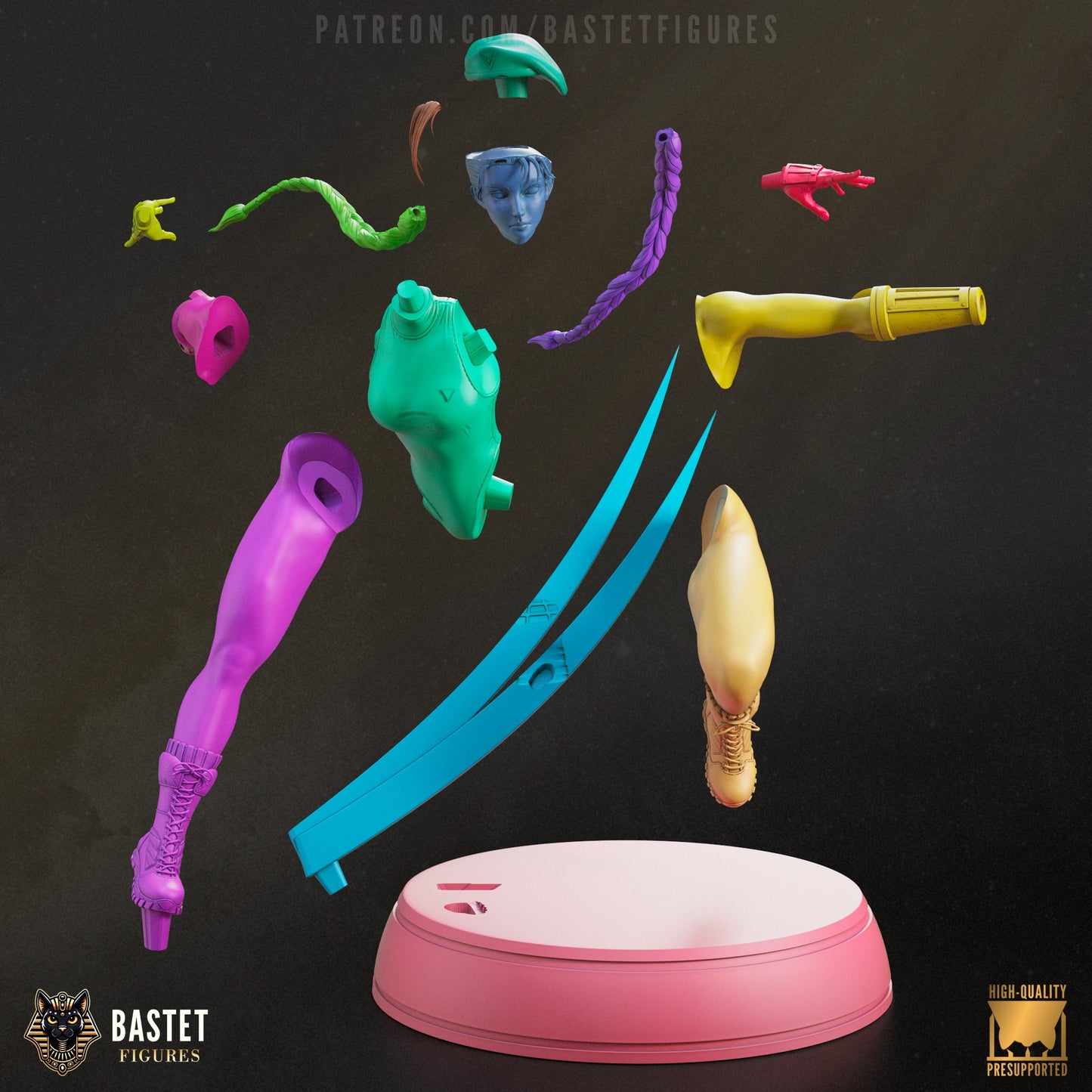 Exploded color-coded view of Cammy showing separate limbs, torso, braids, and curved slash base.