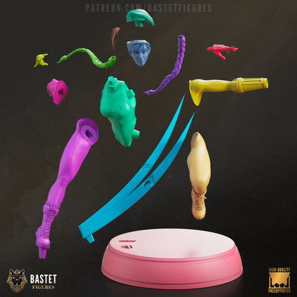 Exploded color-coded view of Cammy showing separate limbs, torso, braids, and curved slash base.