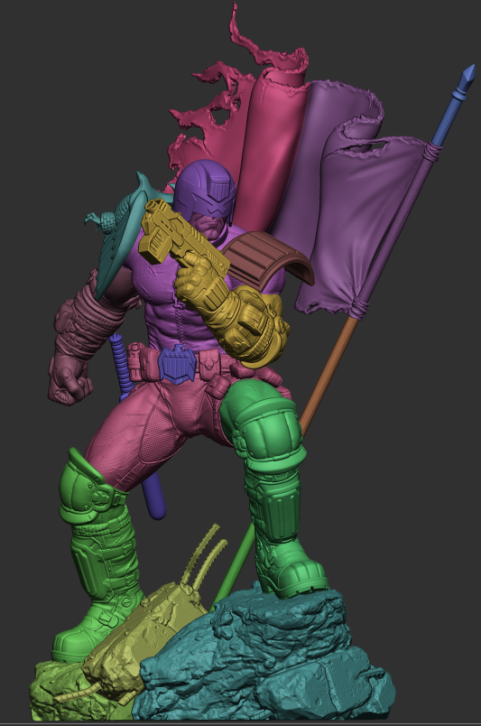 ZBrush sculpt of Judge Dredd figure, color-segmented parts including gun, flags, armor, and rubble base.