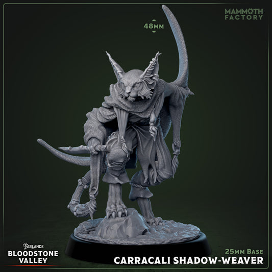 Carracali Shadow-Weaver miniature front view, catfolk warlock crouched with staff and cloak – Dungeons & Dragons RPG spellcaster figure