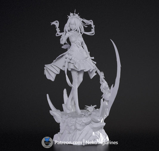 Unpainted Castorice 1:7 scale collectible, showing full-body pose with staff, base featuring floral and crystal elements.