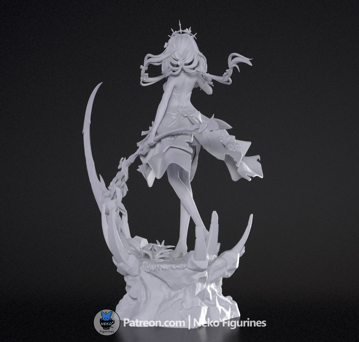 Back view of Castorice unpainted figure, showing hair ribbons, back of dress, and the curved decorative staff.