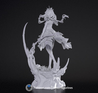 Back view of Castorice unpainted figure, showing hair ribbons, back of dress, and the curved decorative staff.