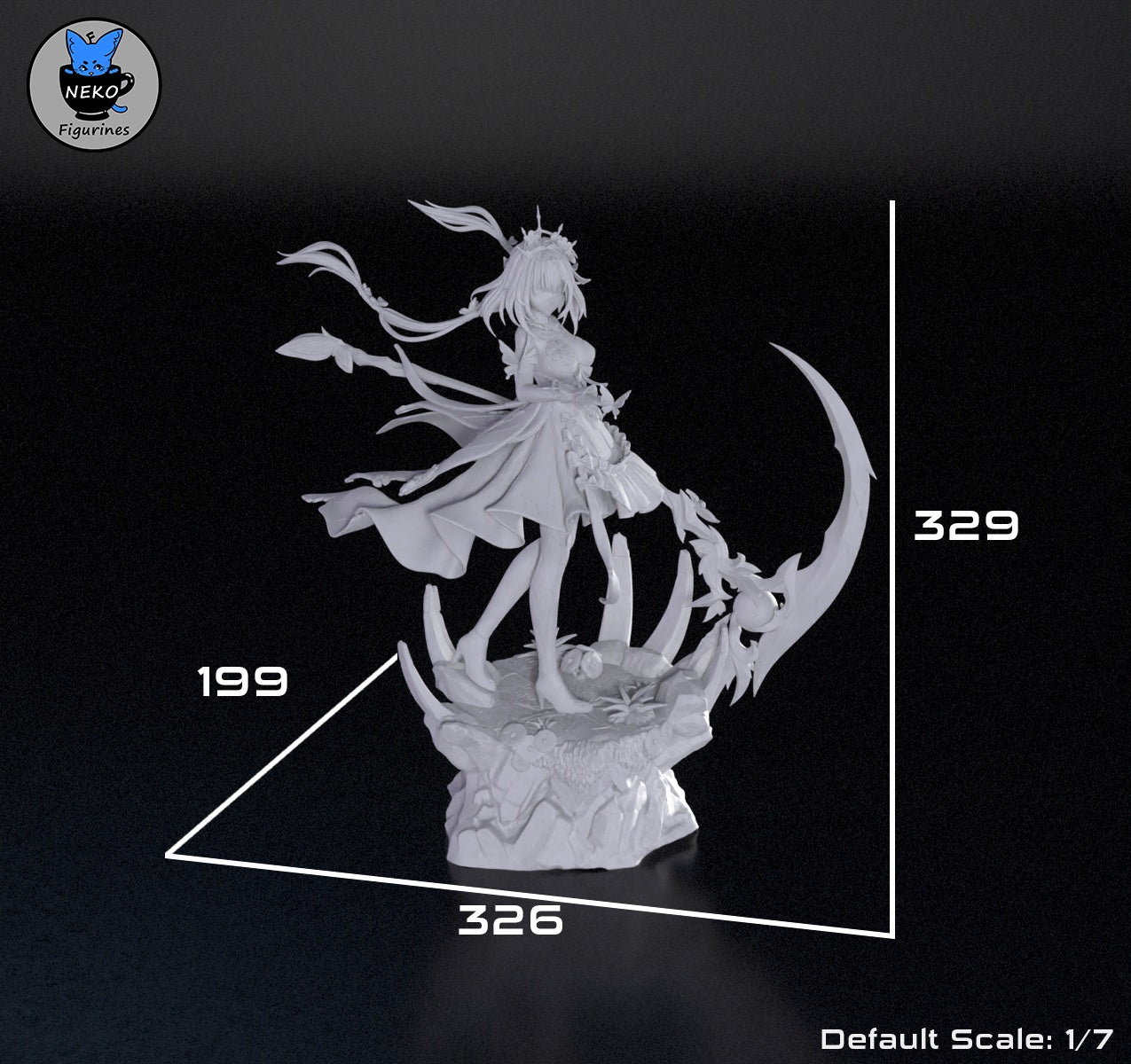 Castorice 1:7 scale unpainted figure with base dimensions of 329mm height, 326mm width, and 199mm depth.