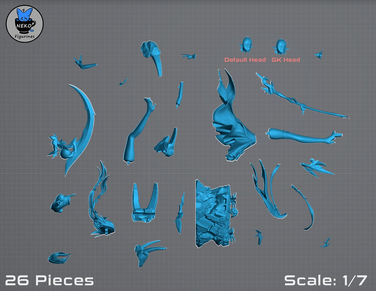 Castorice 1:7 scale figure shown as 26 modular pieces including alternate heads, limbs, staff, and base for assembly.